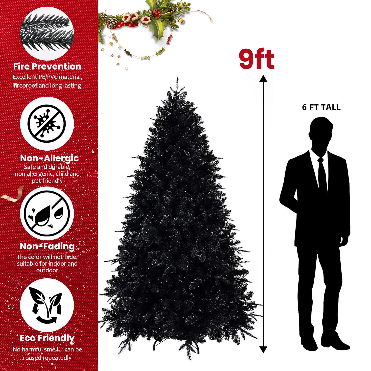 PE/PVC Mixed Black Artificial Christmas Tree with White LED Lights (4ft–9ft)