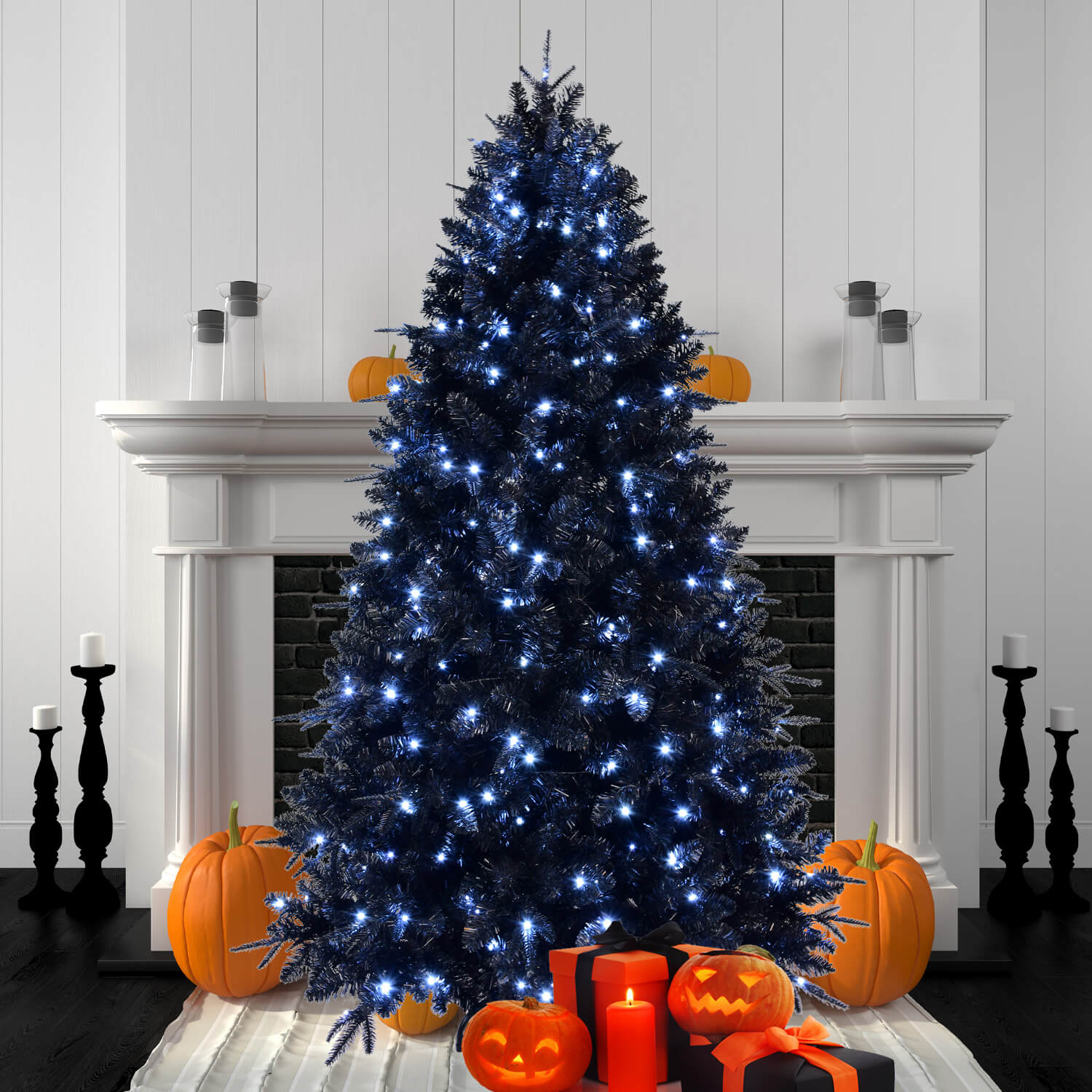 PE/PVC Mixed Black Artificial Christmas Tree with White LED Lights (4ft–9ft)