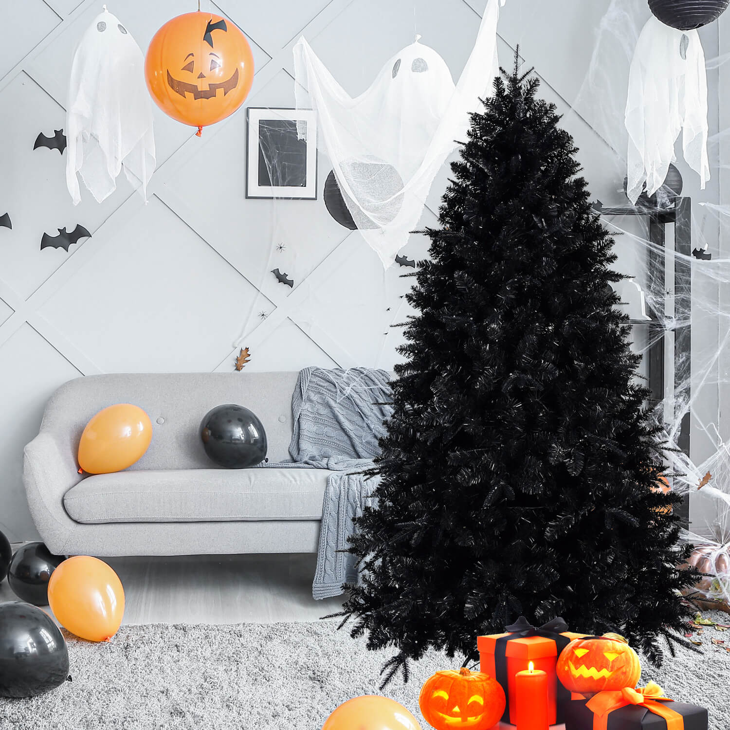 PE/PVC Mixed Black Artificial Christmas Tree with White LED Lights (4ft–9ft)