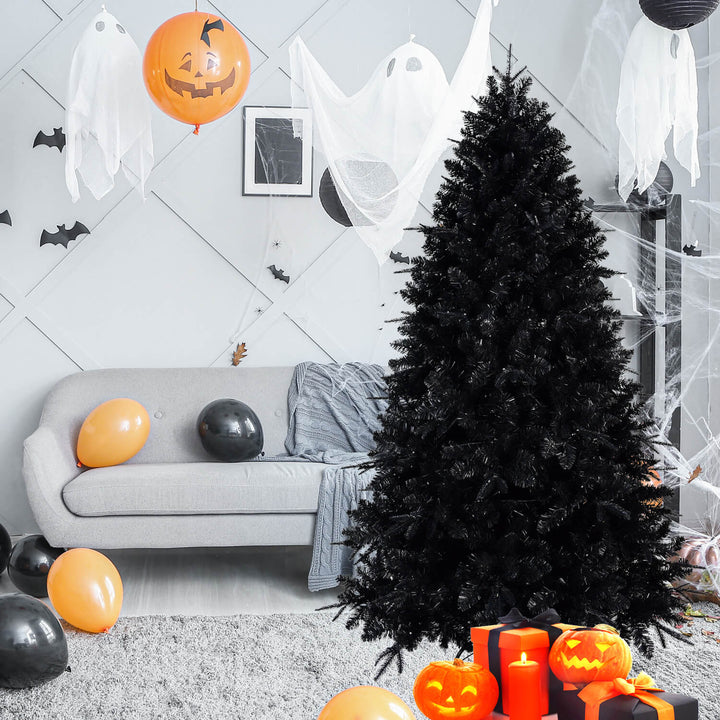 PE/PVC Mixed Black Artificial Christmas Tree with White LED Lights (4ft–9ft)