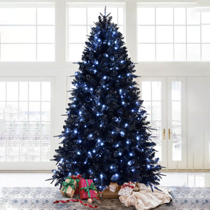 PE/PVC Mixed Black Artificial Christmas Tree with White LED Lights (4ft–9ft)