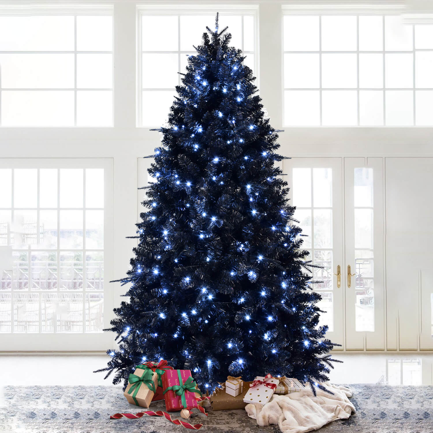 PE/PVC Mixed Black Artificial Christmas Tree with White LED Lights (4ft–9ft)