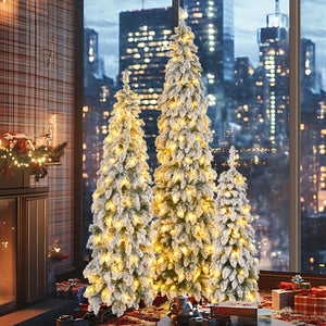 8FT, 6FT, 4FT Pre-Lit Pencil Christmas Trees, 3-set Slim Artificial