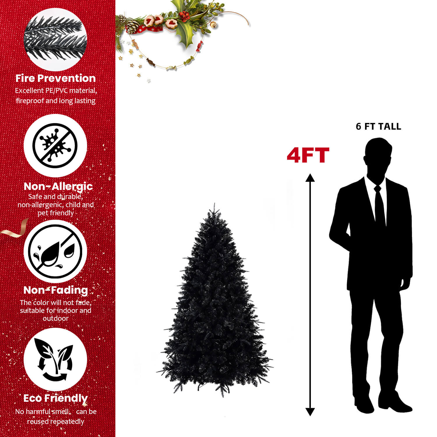 PE/PVC Mixed Black Artificial Christmas Tree with White LED Lights (4ft–9ft)