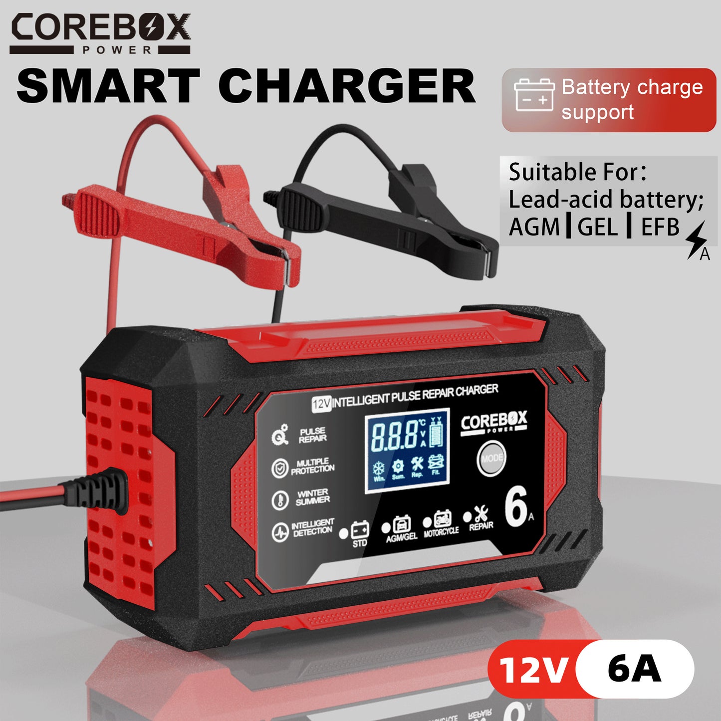 12V Smart Battery Charger & Maintainer – 6A Pulse Repair
