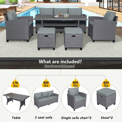 6-Piece Outdoor Rattan Wicker Set Patio Garden Backyard Sofa, Chair,