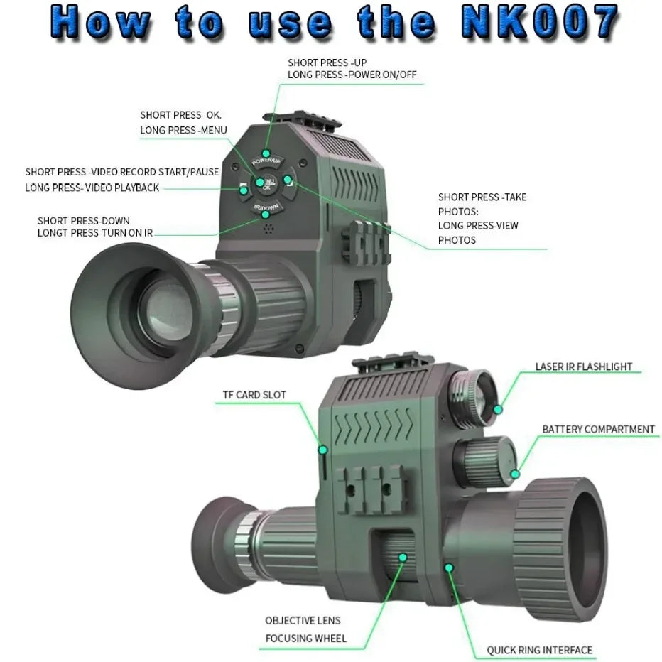 2024 Megoarei NK007 Hunting Night Vision Digital Rifle Scope Monocular Optics Sight Attachment With 1.3 Inch Screen 850 IR Torch