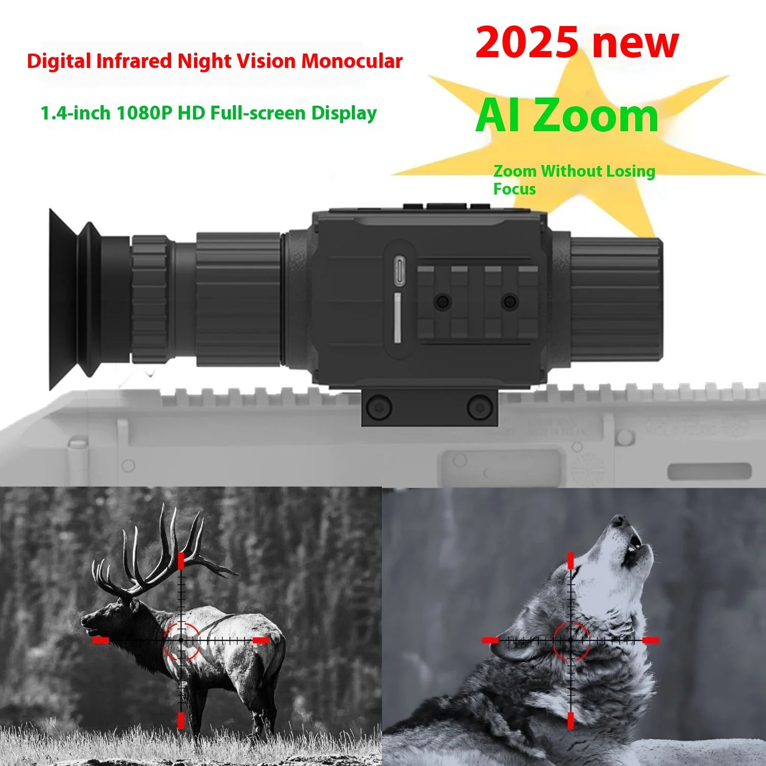 2025 hot selling AI zoom night vision resolution 1920 * 1080 infrared visible range 200-400 meters outdoor hunting rifle sight